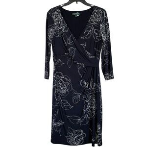 Ralph Lauren Women’s Sz 12 Midi Surplice Neck Floral 3/4 Sleeve Pleated Dress